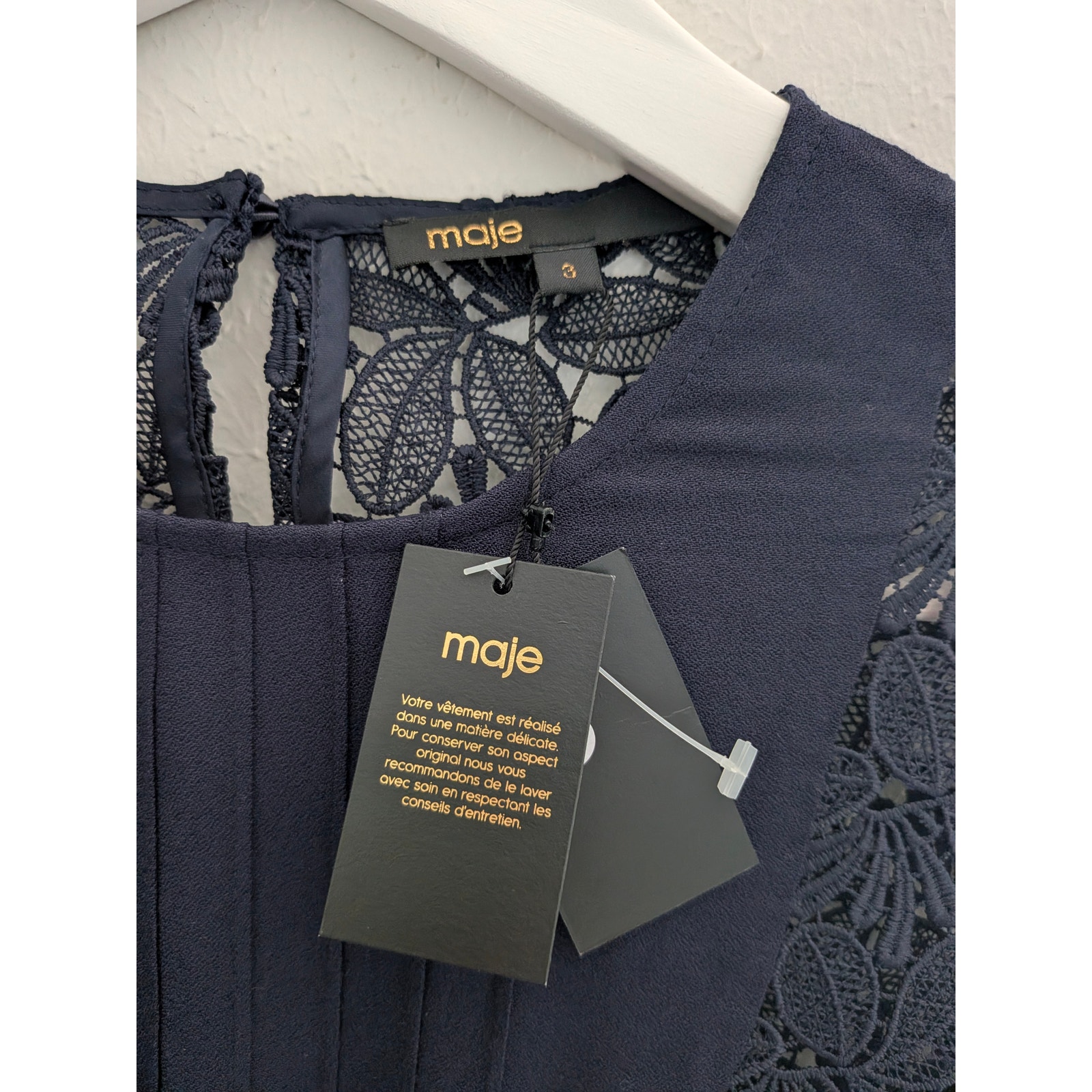 Maje Repine Marine Navy Blue Lace Crepe Mini Dress Size 3 Us Large L Nwt New — image 6 of 8